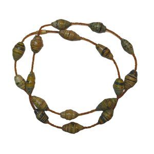 African rolled paper and glass bead necklace 29 inches browns and amber color